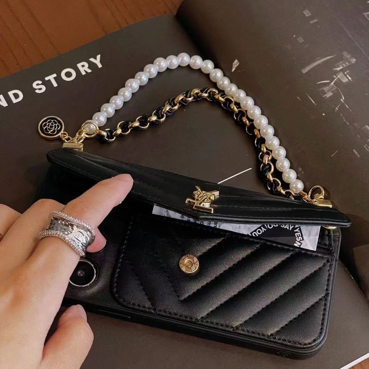 Leather Pearl Hand Strap Card Holder Case