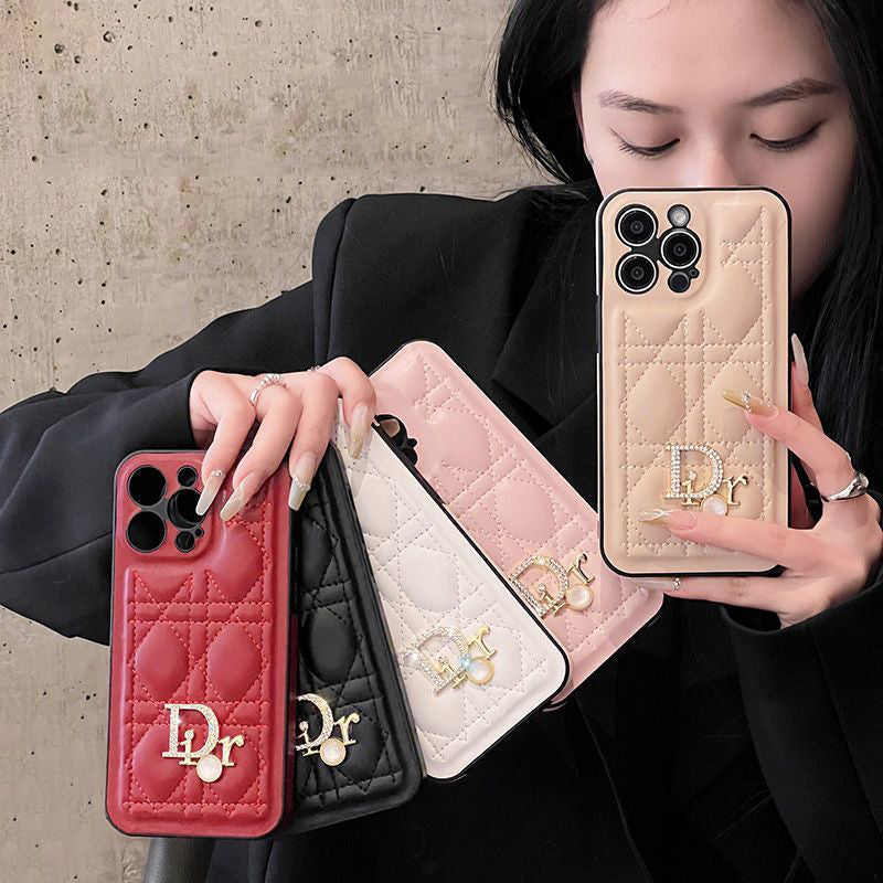 Fashion Luxury Pearl Logo Leather Case