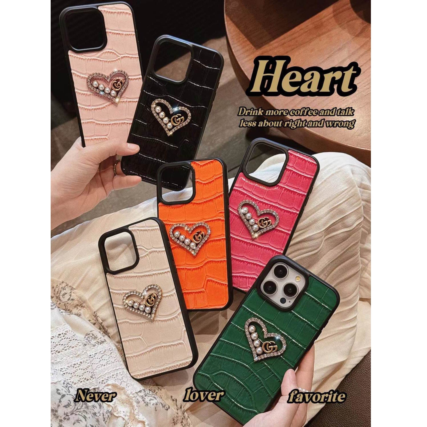 Pearl Diamond Heart Crocodile Pattern Leather Case