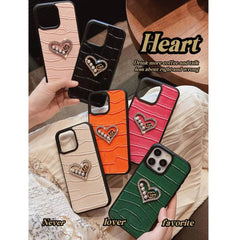 Pearl Diamond Heart Crocodile Pattern Leather Case
