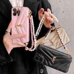 Leather Pearl Hand Strap Card Holder Case