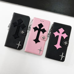 Trendy Cross Pendant Flip Card Holder Leather Case