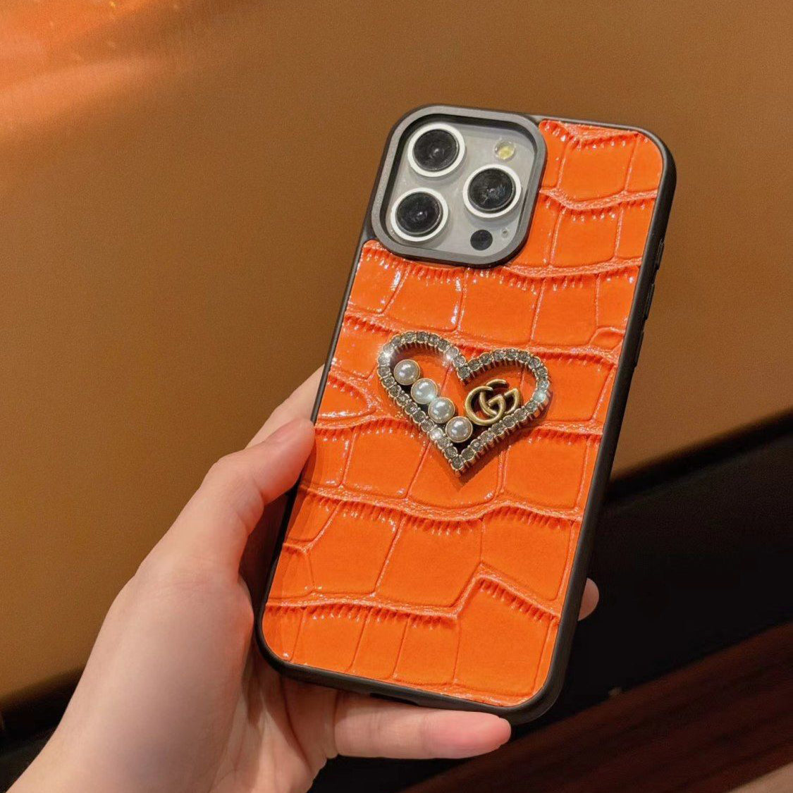 Pearl Diamond Heart Crocodile Pattern Leather Case