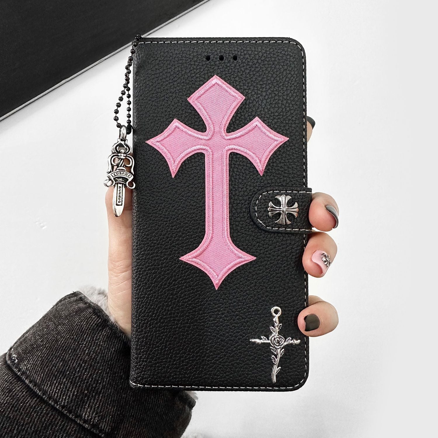 Trendy Cross Pendant Flip Card Holder Leather Case