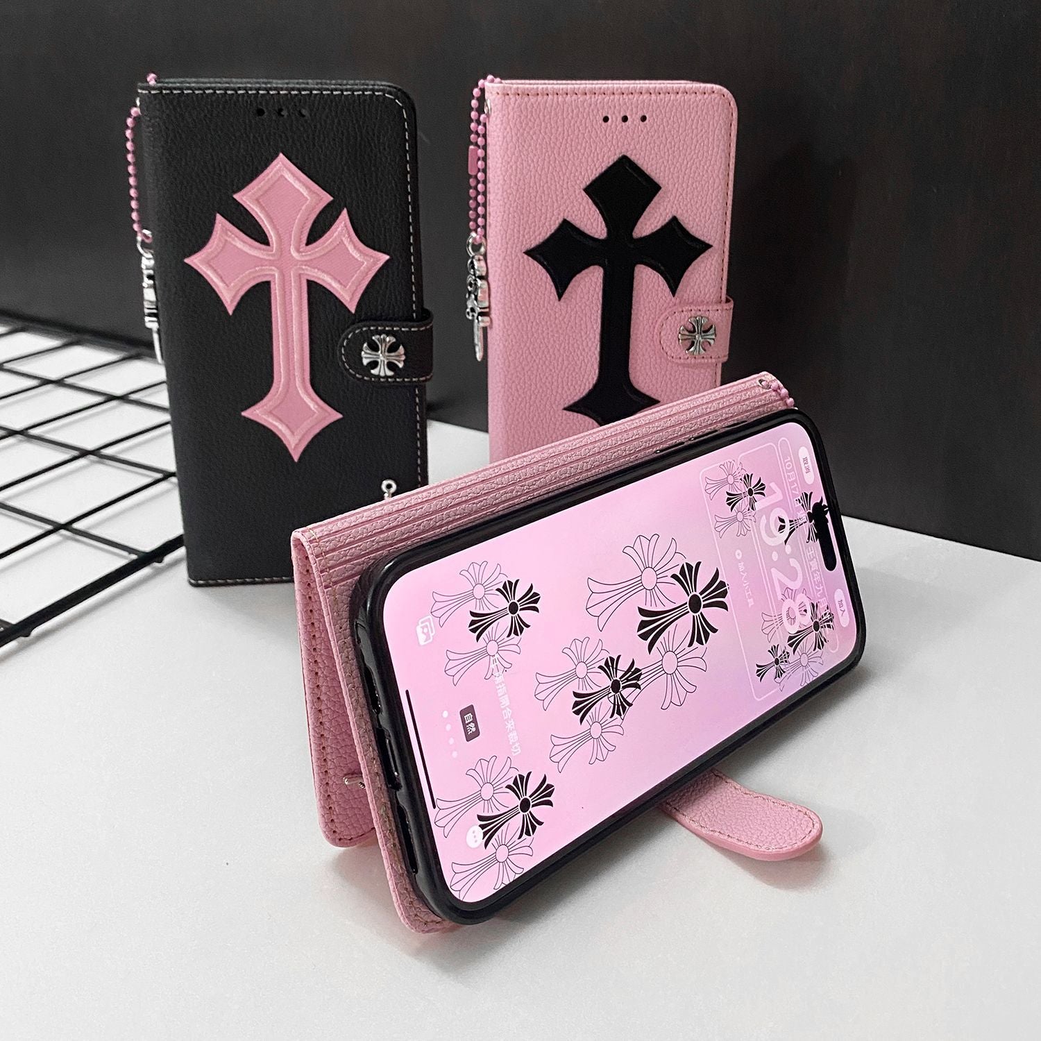 Trendy Cross Pendant Flip Card Holder Leather Case