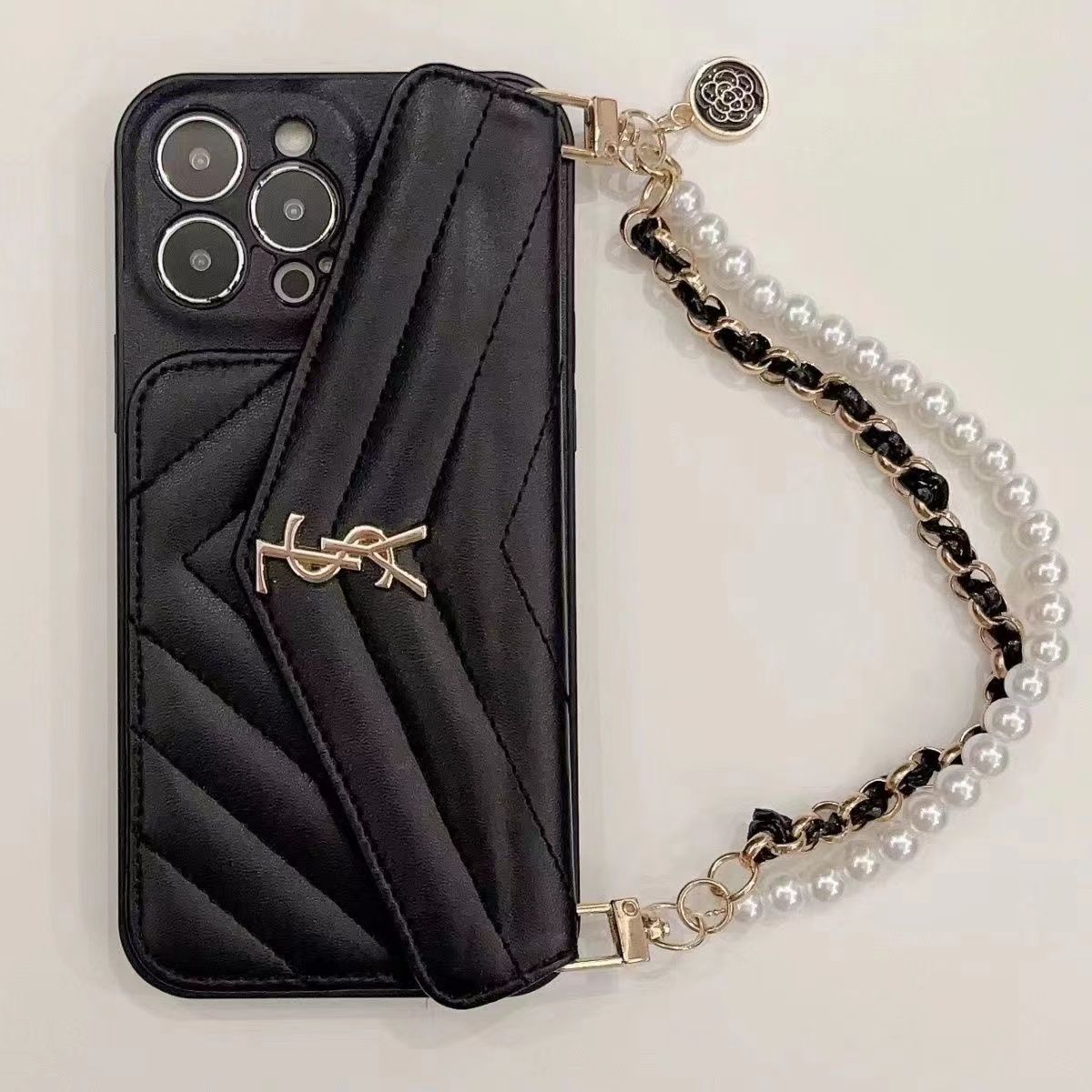 Leather Pearl Hand Strap Card Holder Case