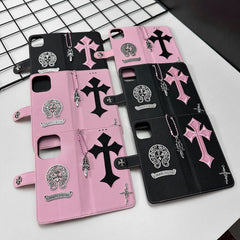 Trendy Cross Pendant Flip Card Holder Leather Case