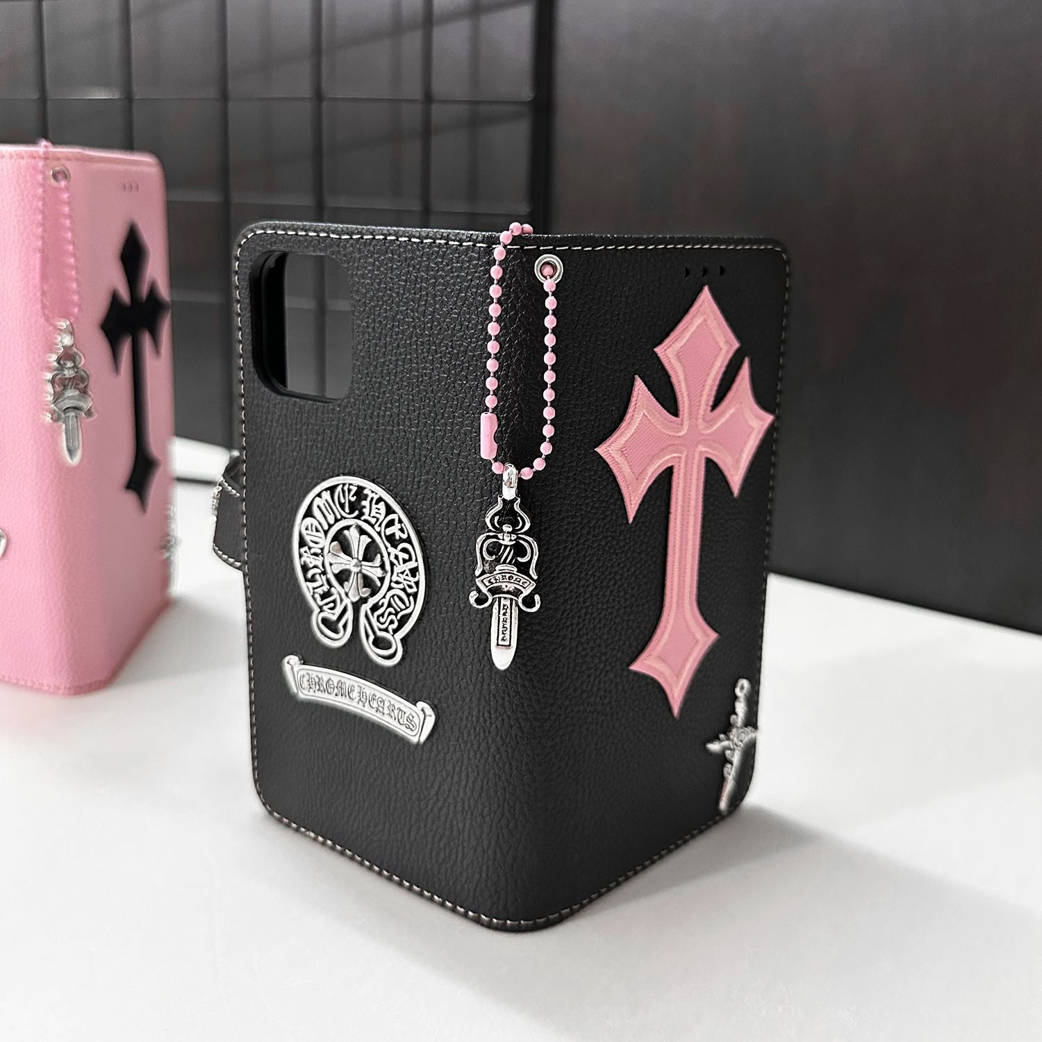 Trendy Cross Pendant Flip Card Holder Leather Case