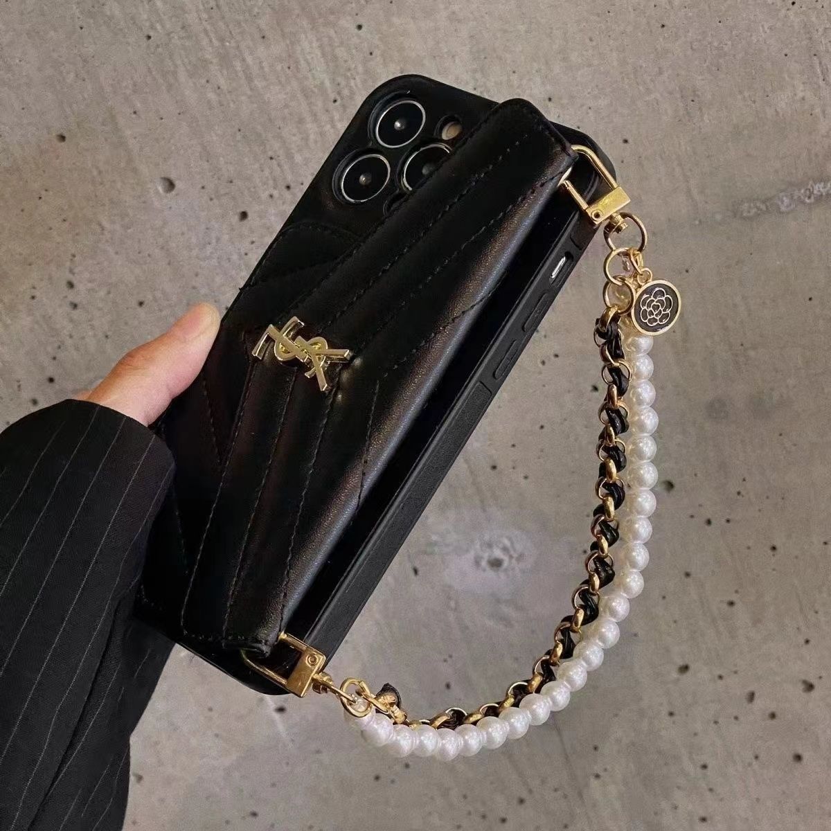 Leather Pearl Hand Strap Card Holder Case