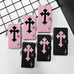 Trendy Cross Pendant Flip Card Holder Leather Case