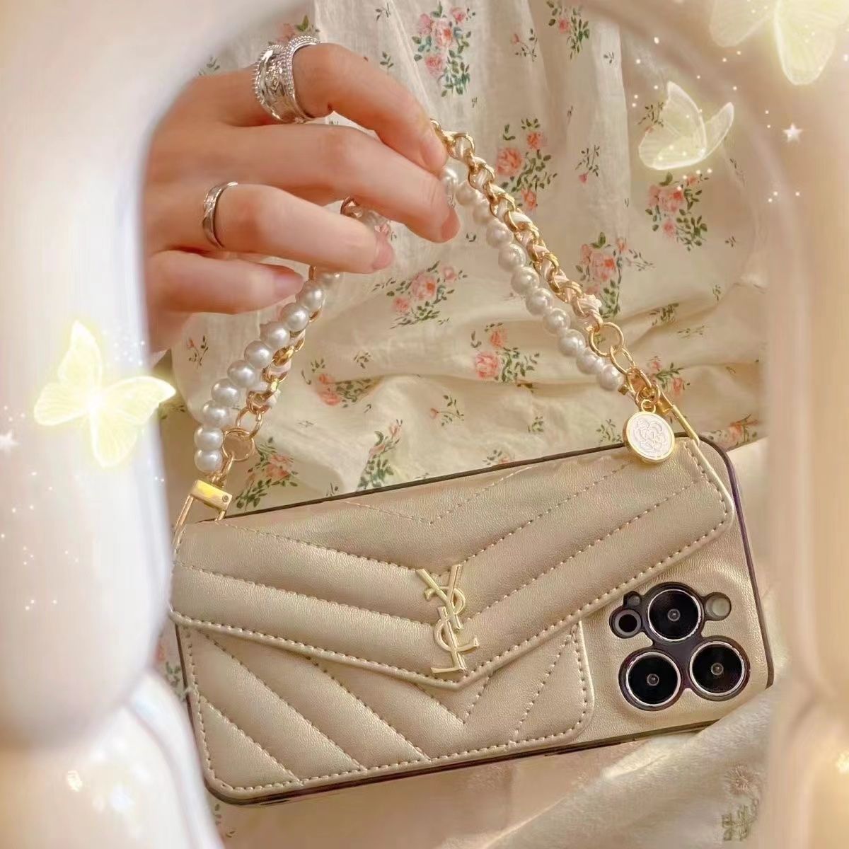 Leather Pearl Hand Strap Card Holder Case
