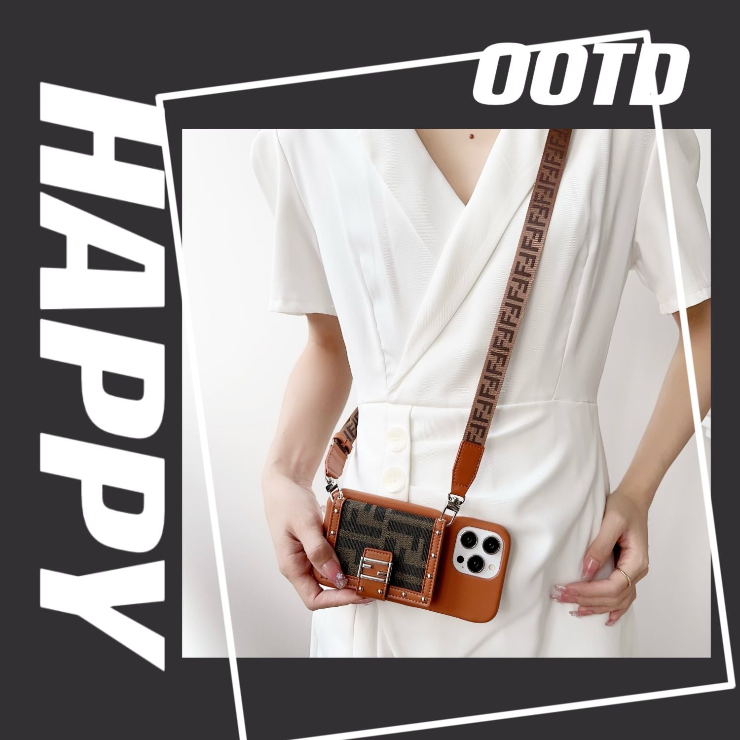 Retro F Print Crossbody Card Holder Case