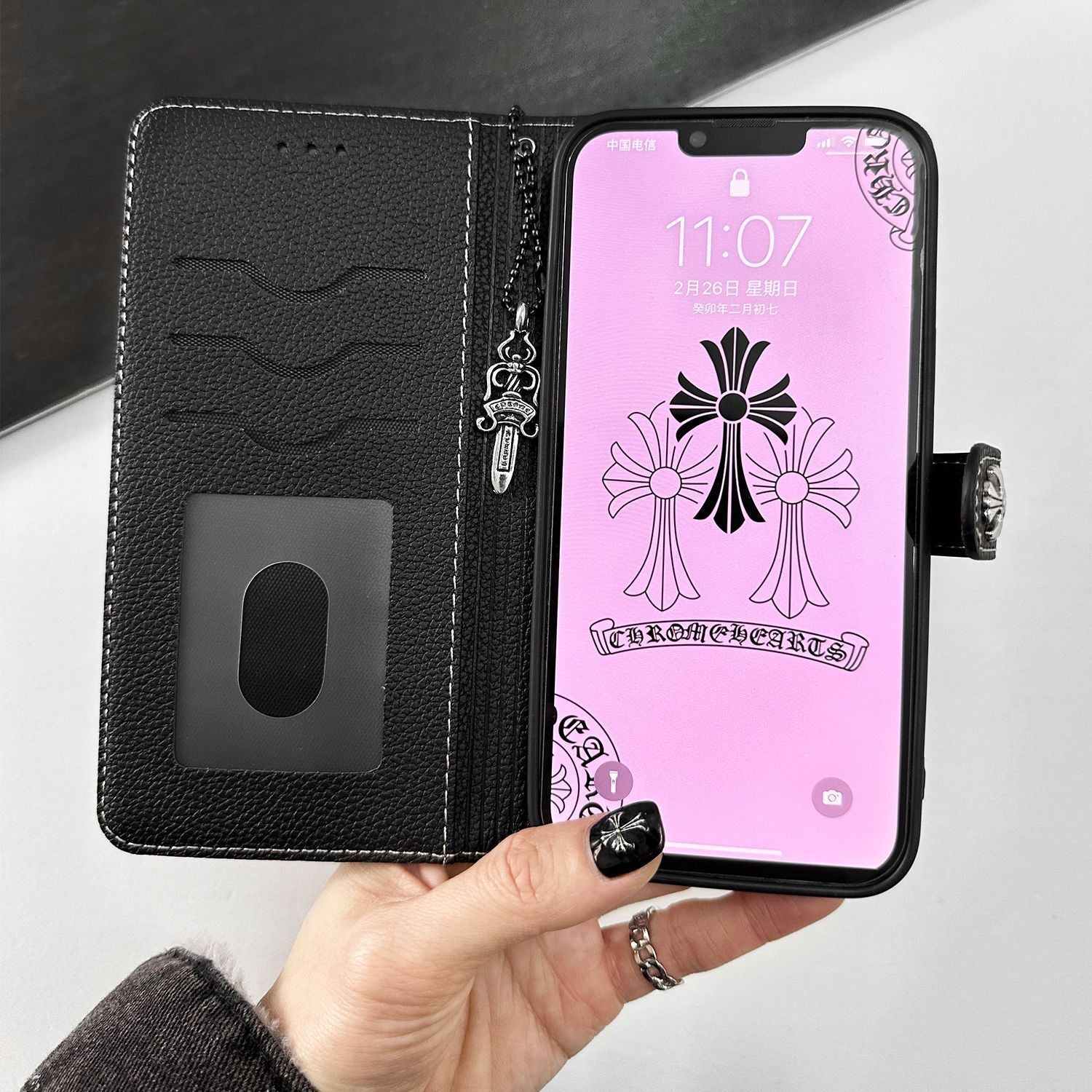 Trendy Cross Pendant Flip Card Holder Leather Case