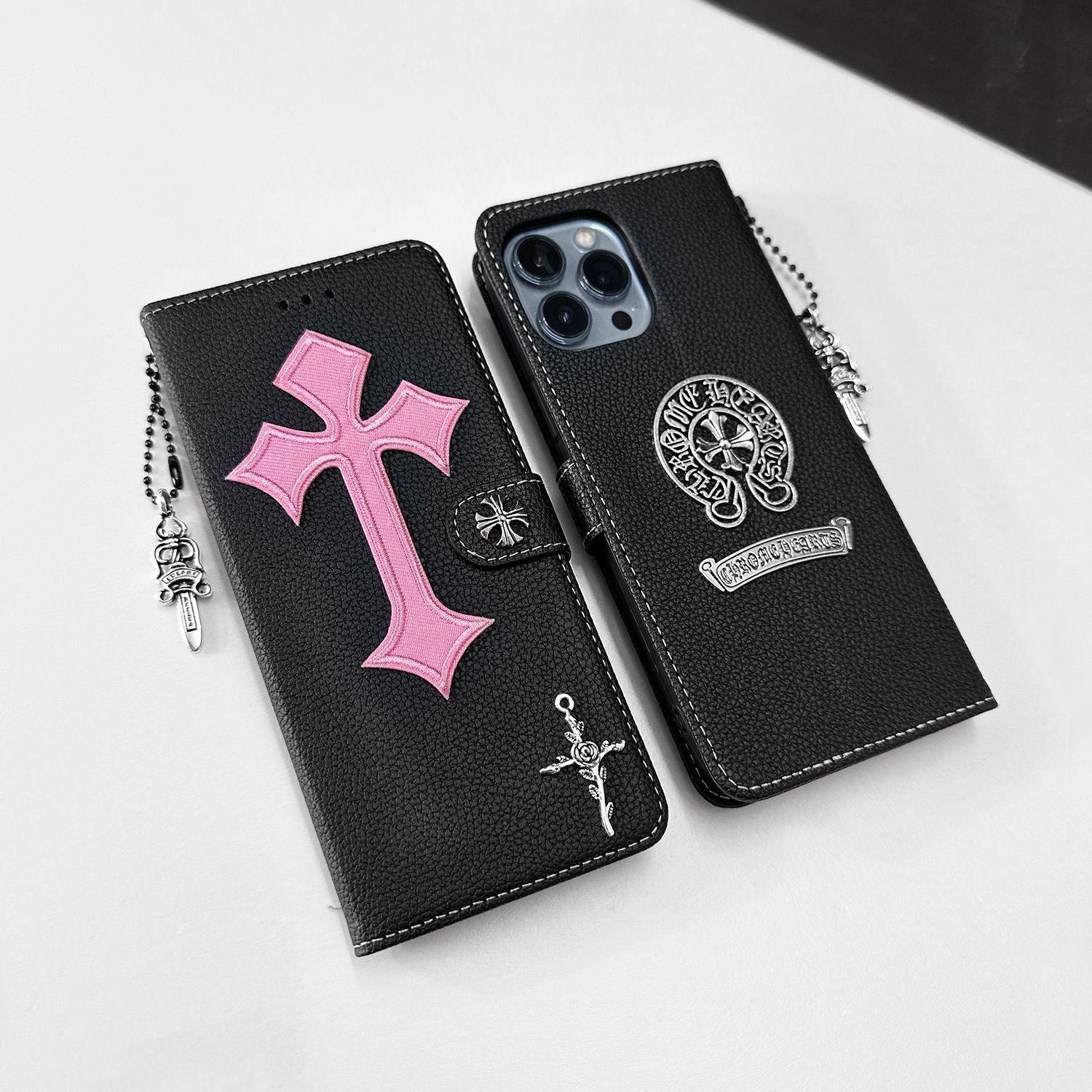 Trendy Cross Pendant Flip Card Holder Leather Case