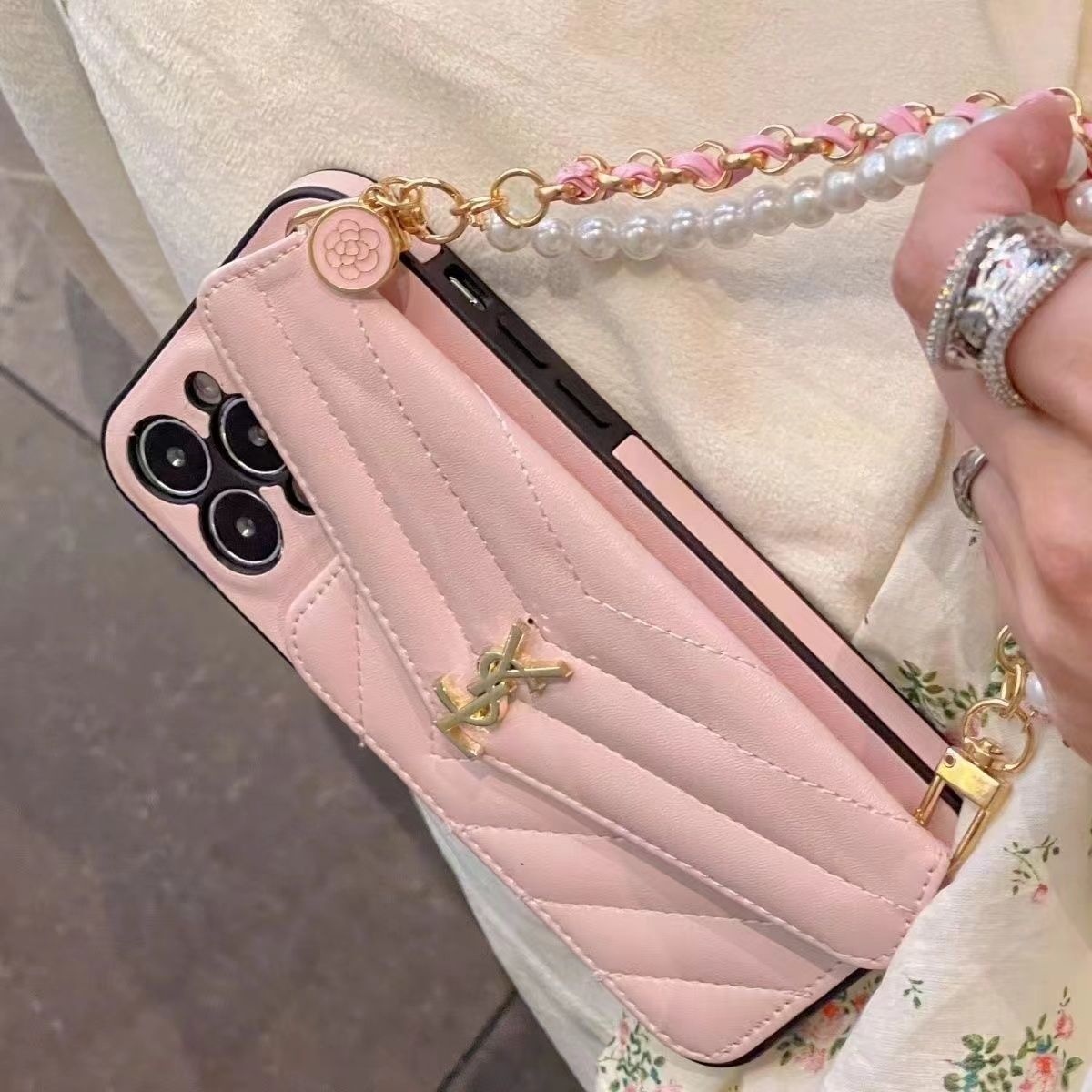Leather Pearl Hand Strap Card Holder Case