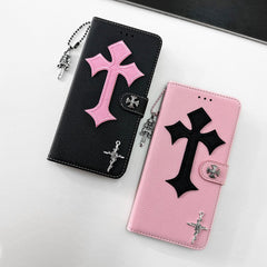 Trendy Cross Pendant Flip Card Holder Leather Case