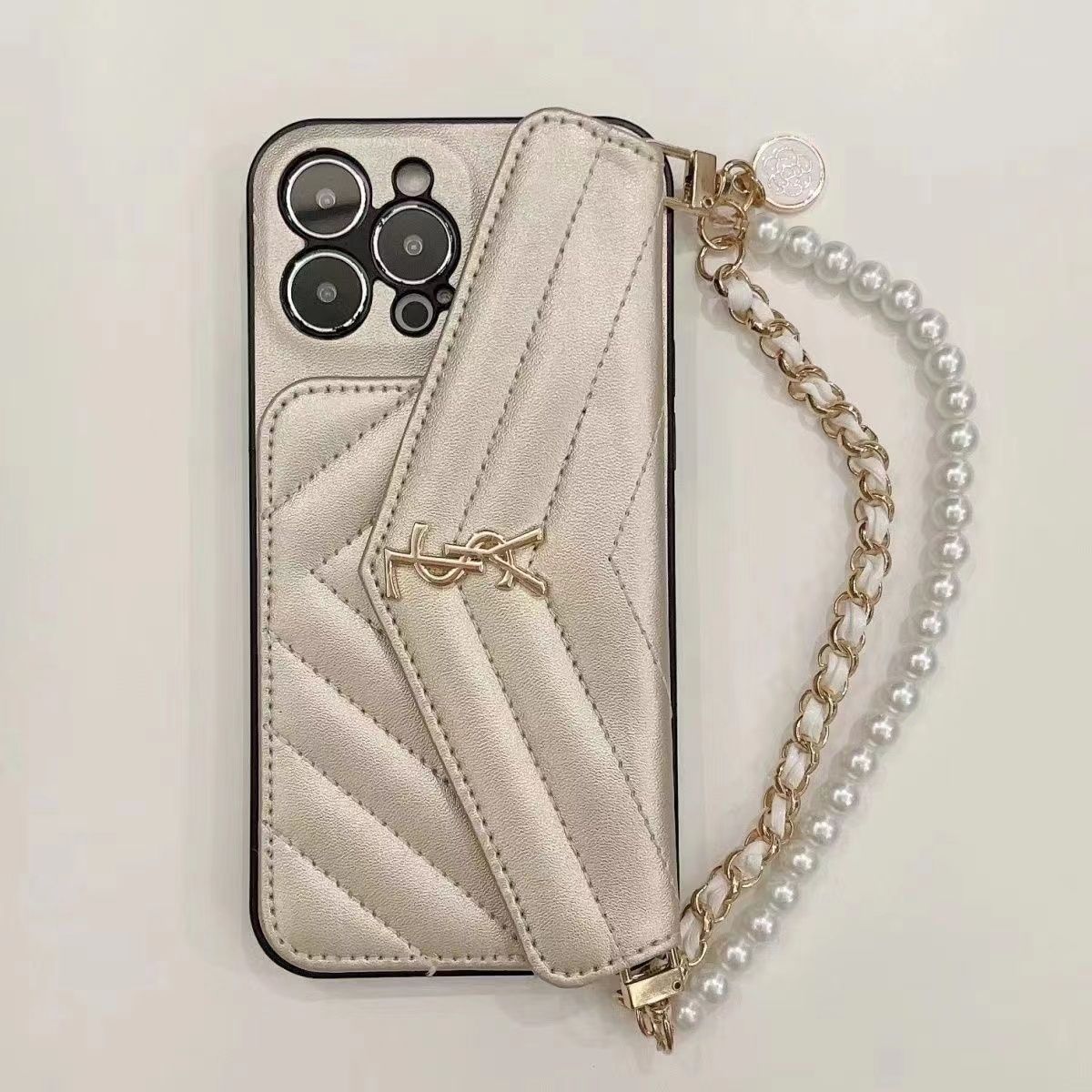 Leather Pearl Hand Strap Card Holder Case
