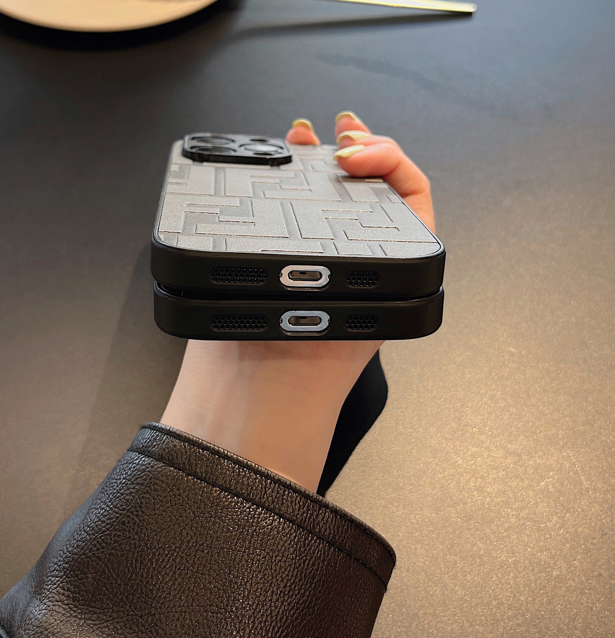 Embossed leather F case