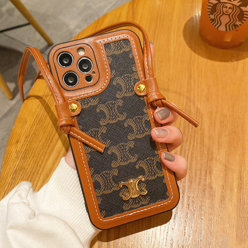 Leather Arc de Triomphe Embossed Crossbody Lanyard Case