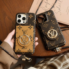 Round Metal Logo Leather Card Holder Lanyard Case