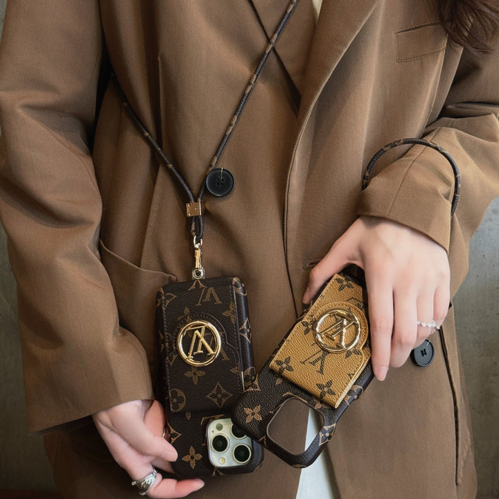 Round Metal Logo Leather Card Holder Lanyard Case