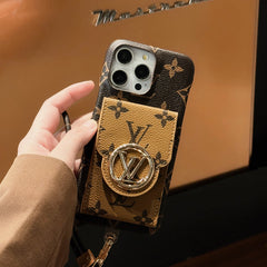 Round Metal Logo Leather Card Holder Lanyard Case