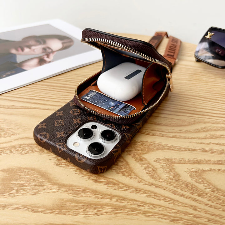Leather Wallet Card Holder Chain Case