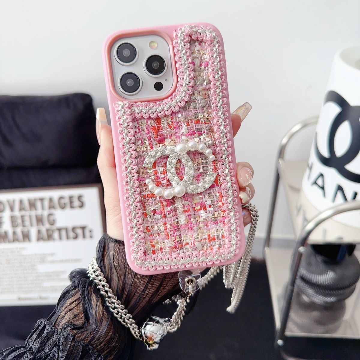 Fashion Wool Material Pearl Crossbody Strap Case