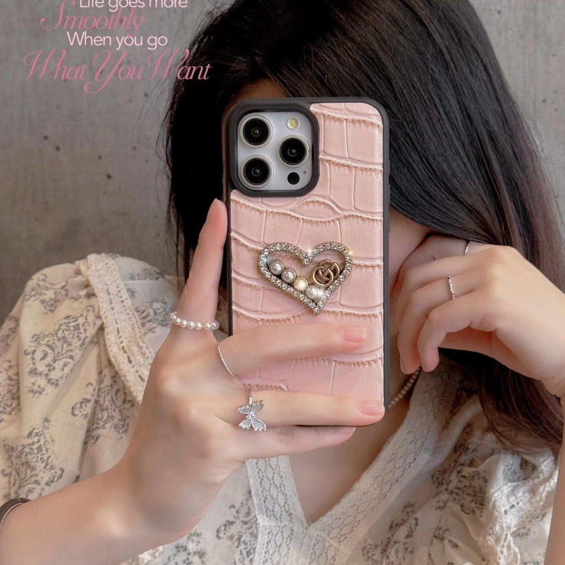 Pearl Diamond Heart Crocodile Pattern Leather Case