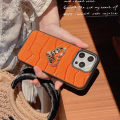 Pearl Diamond Heart Crocodile Pattern Leather Case