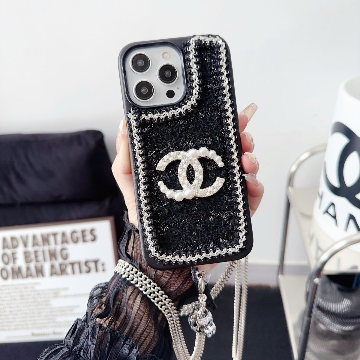 Fashion Wool Material Pearl Crossbody Strap Case