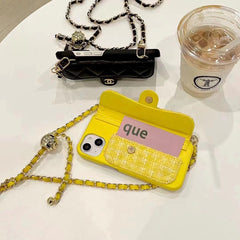 Leather Gold Ball Chain Crossbody Card Case