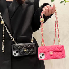 Leather Gold Ball Chain Crossbody Card Case