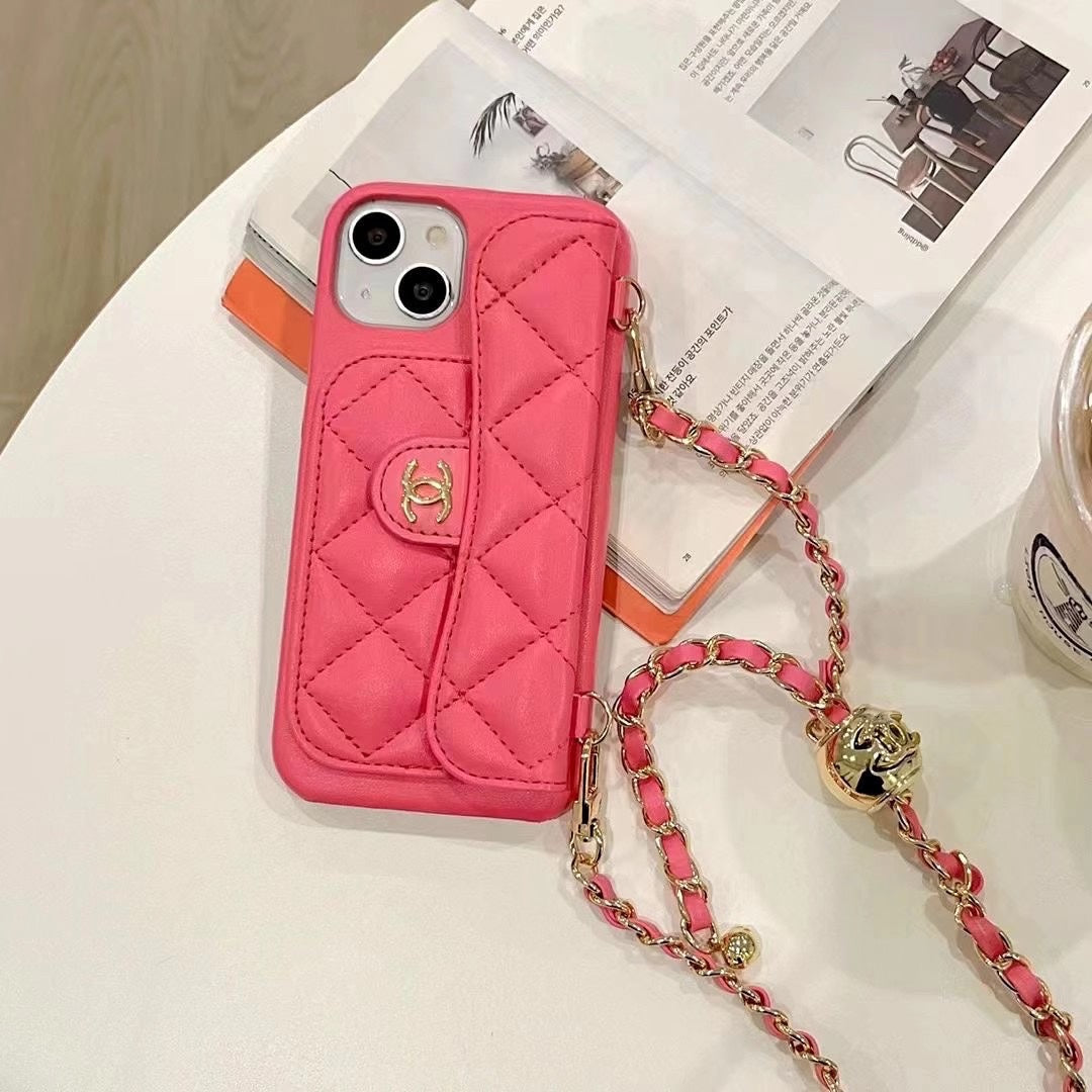 Leather Gold Ball Chain Crossbody Card Case
