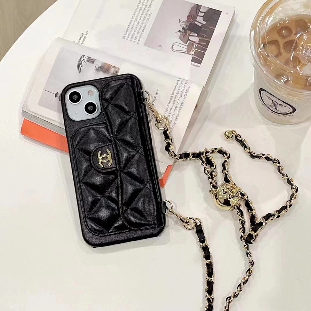 Leather Gold Ball Chain Crossbody Card Case