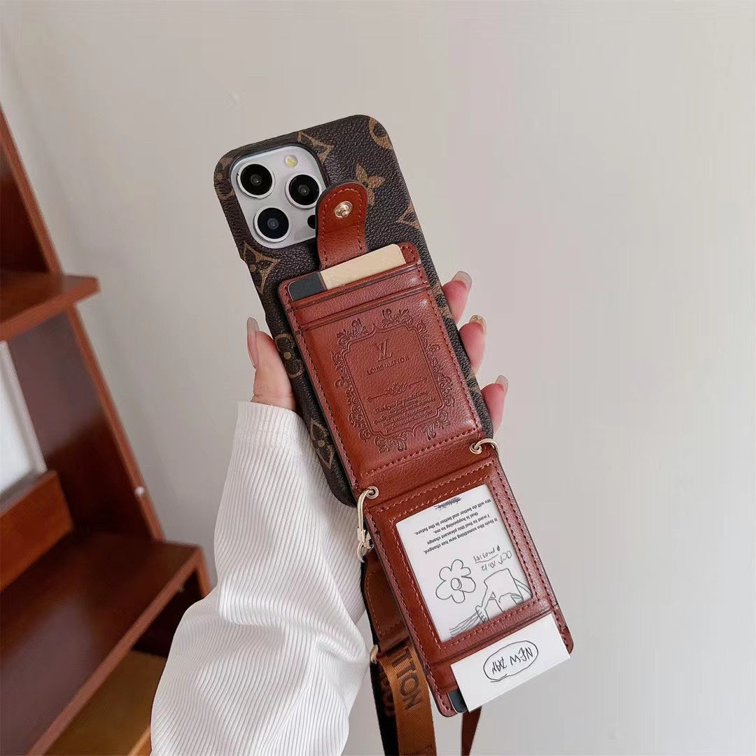 Leather Flip Card Holder Lanyard Case
