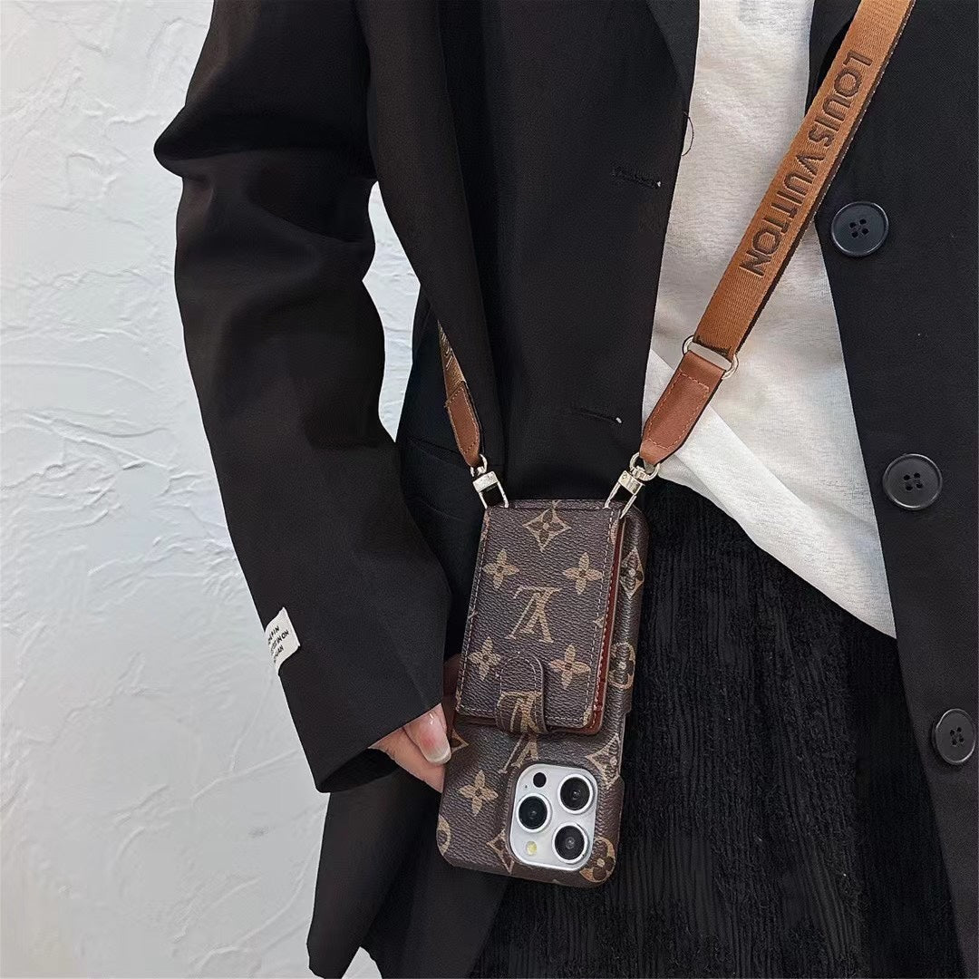 Leather Flip Card Holder Lanyard Case