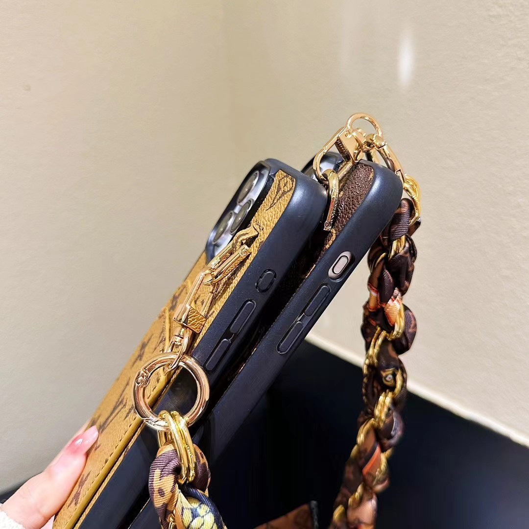 Vintage Leather Silk Scarf Metal Lanyard Case