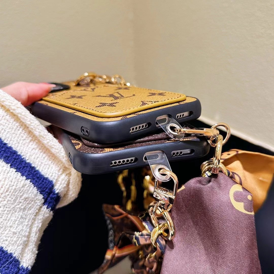 Vintage Leather Silk Scarf Metal Lanyard Case