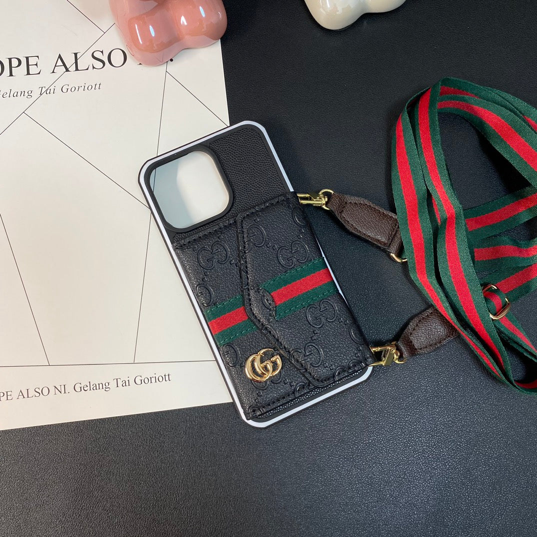 Metal Logo Leather Wallet Card Crossbody Case