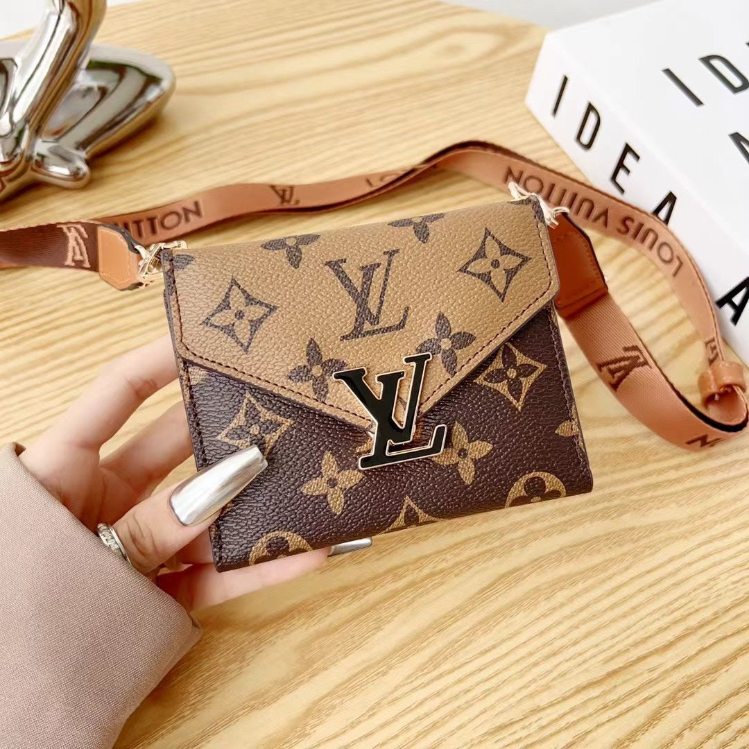 Luxury Metal Logo Leather Crossbody Card Holder