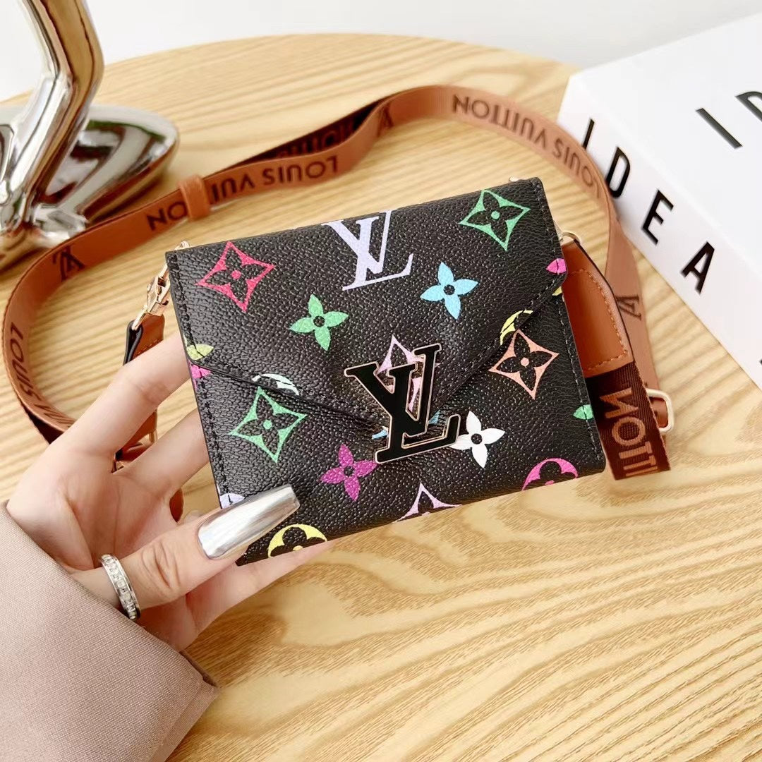 Luxury Metal Logo Leather Crossbody Card Holder