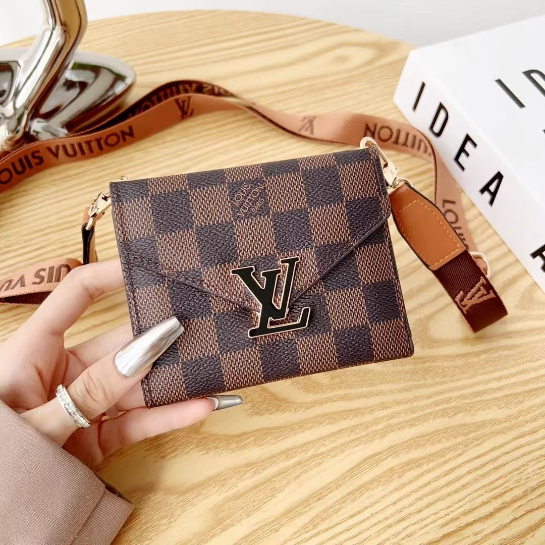 Luxury Metal Logo Leather Crossbody Card Holder