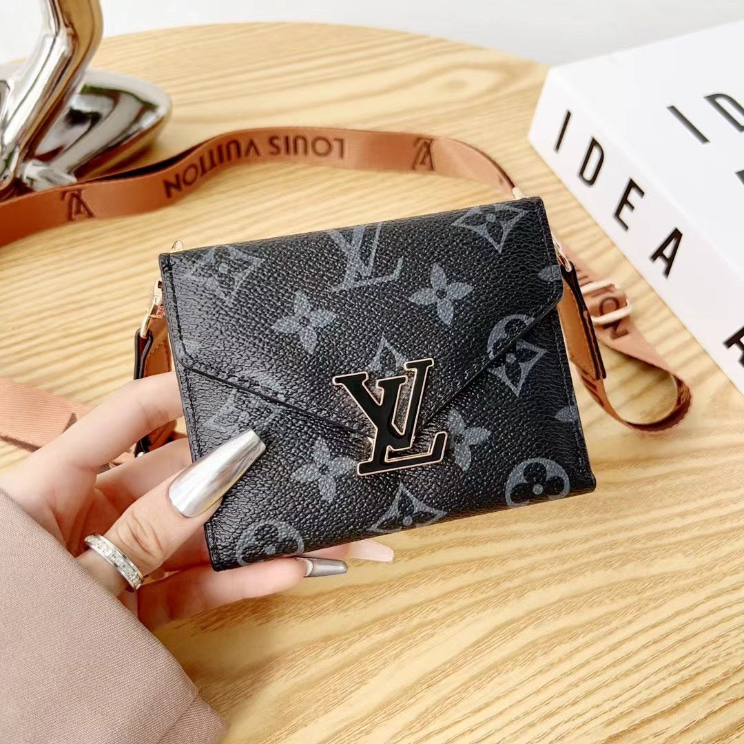 Luxury Metal Logo Leather Crossbody Card Holder