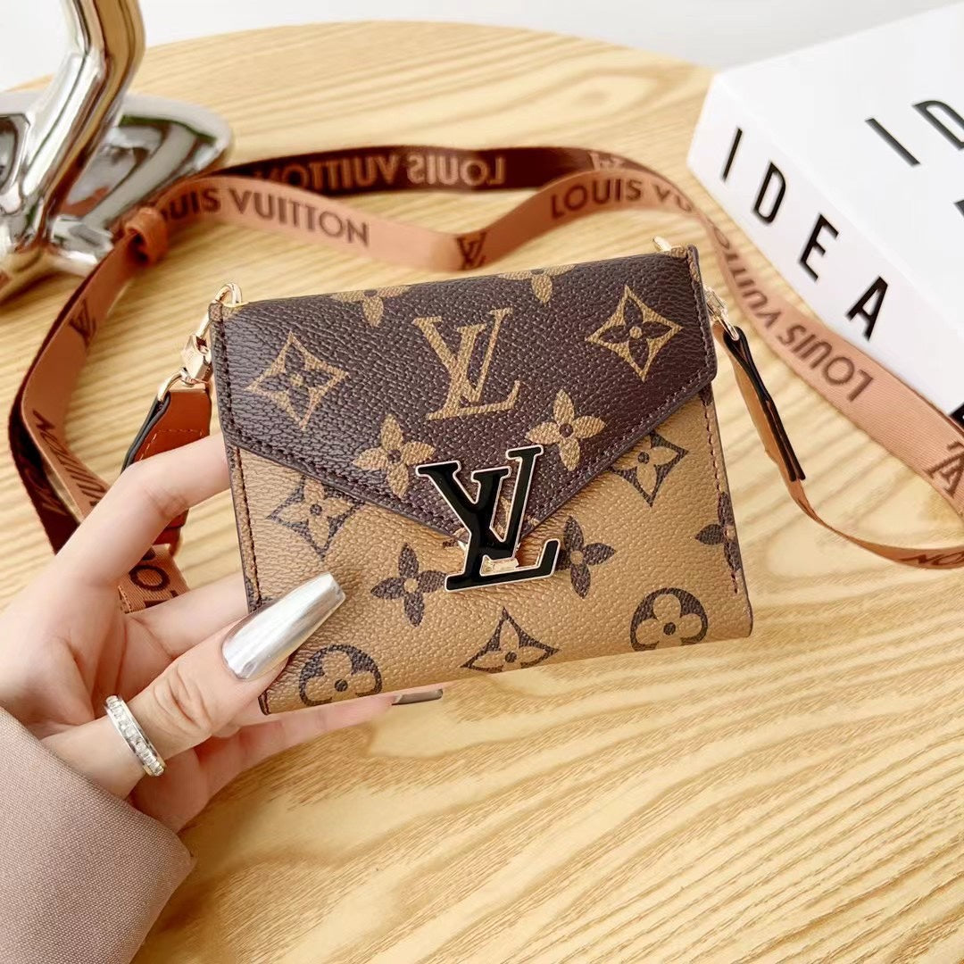 Luxury Metal Logo Leather Crossbody Card Holder