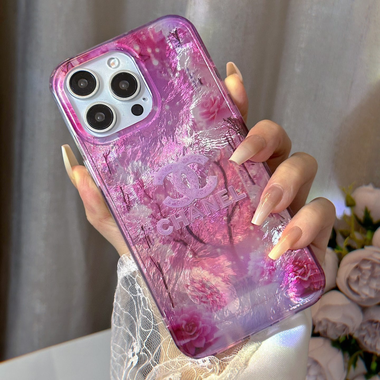 Crystal Clear Double-Sided Laser Rose Embossed Case