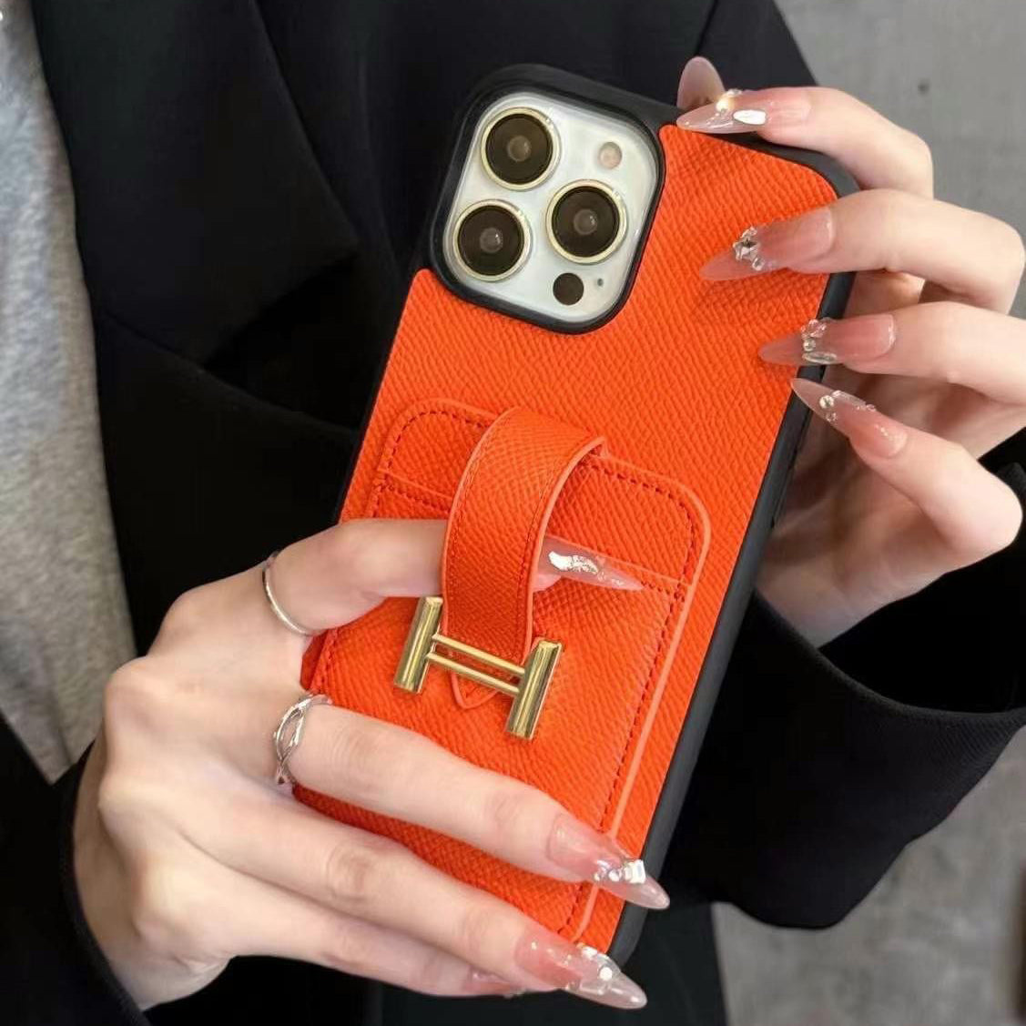 Leather H Metal Card Holder Case