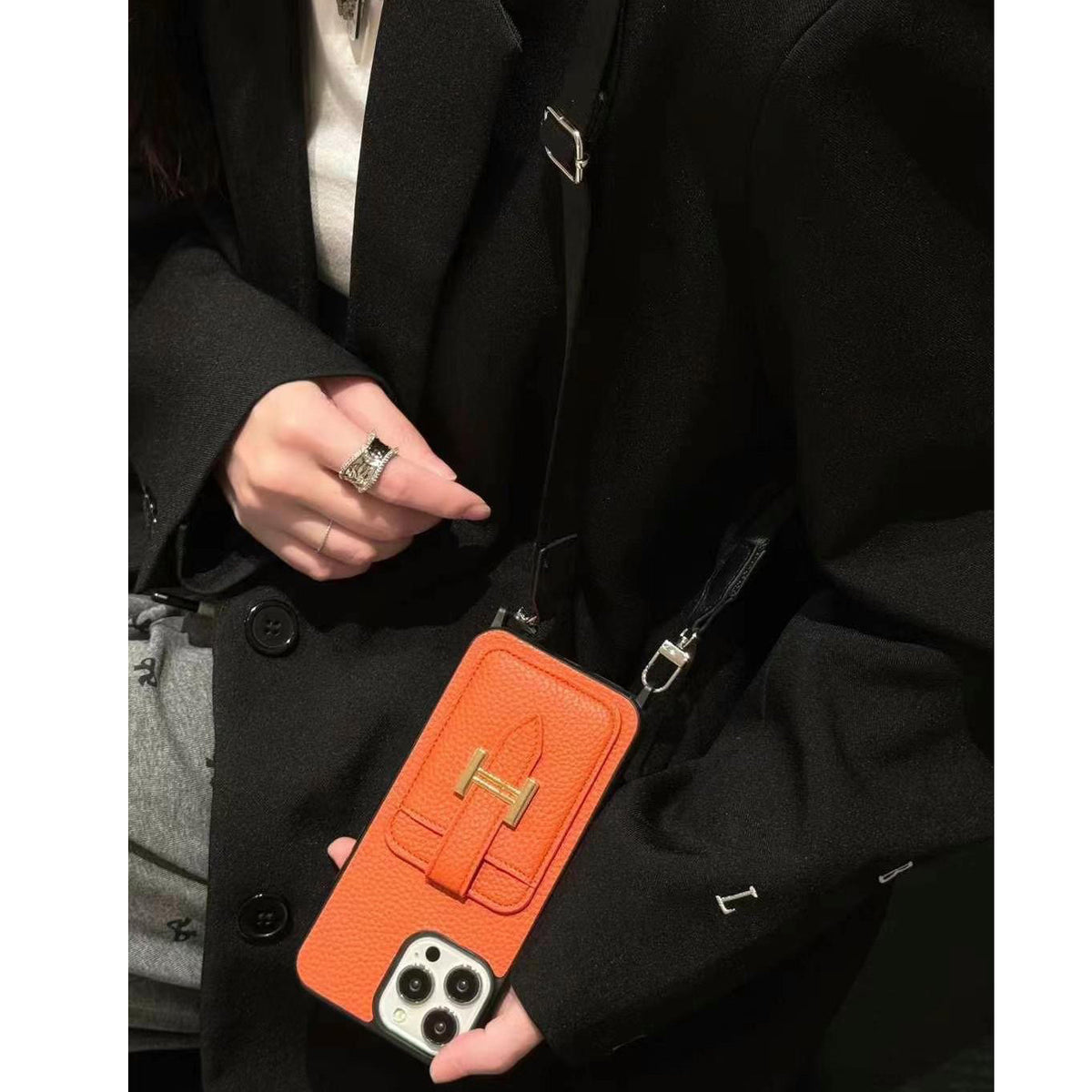 Luxury Leather Metal H Card Slot Crossbody Case