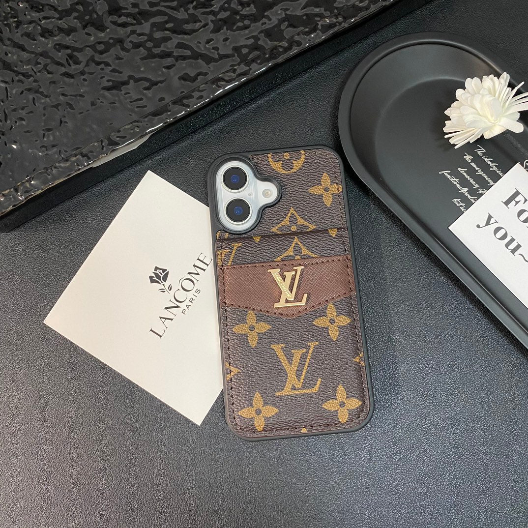 Classic Embossed Golden Logo Leather Card Wallet Case