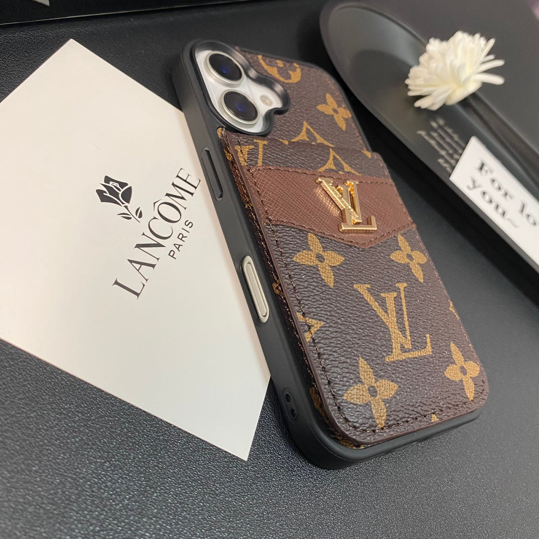 Classic Embossed Golden Logo Leather Card Wallet Case